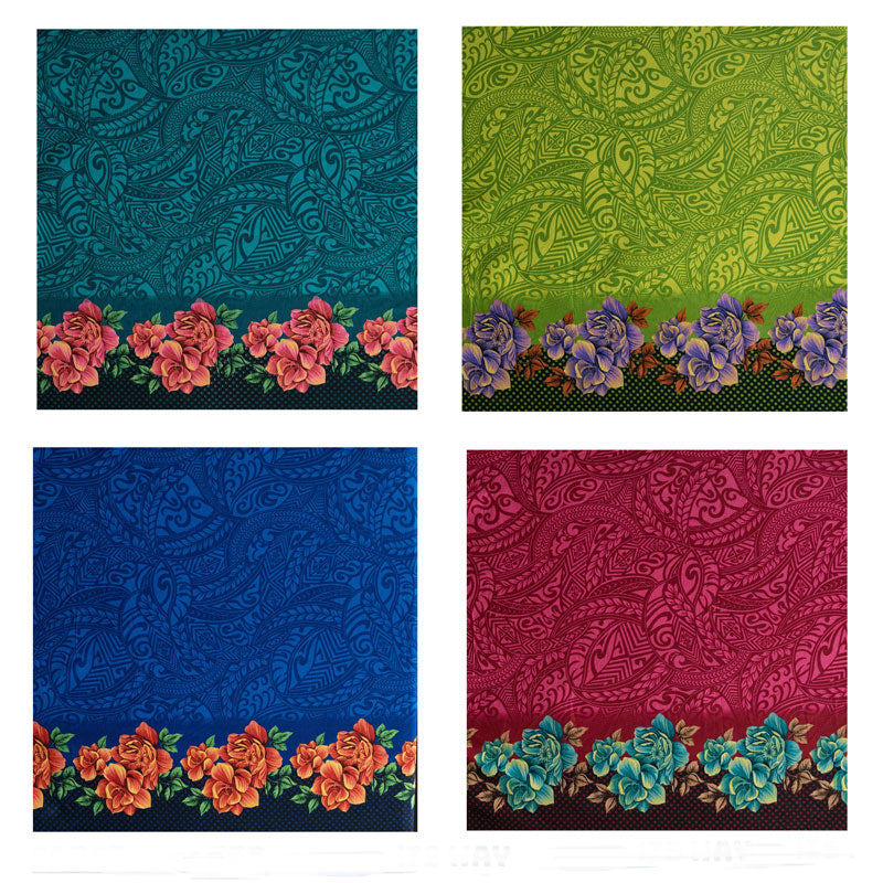 Traditional Polynesian Tattoo Rose Polka Dot Border Peachskin Fabric | Islands Fabric