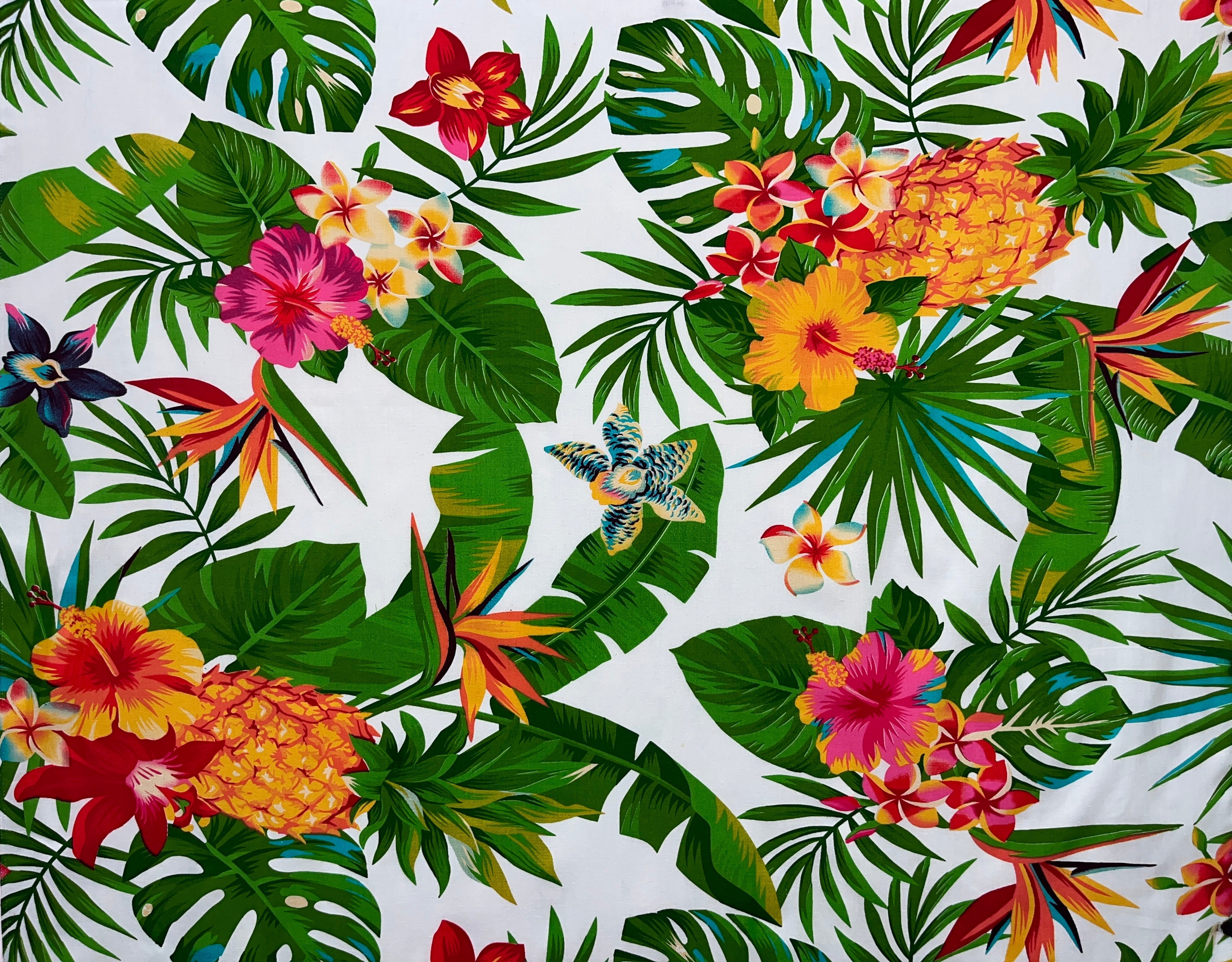 Pineapple, Tropical Flowers & Leaves Cotton Fabric | Islands Fabric