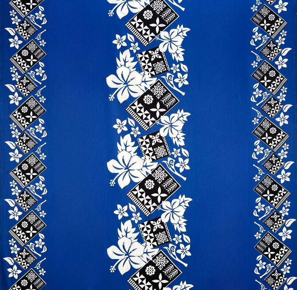 Hibiscus Tropical Leaves w/ Patches of Traditional Tapa Double Border Polyester Fabric | Islands Fabric