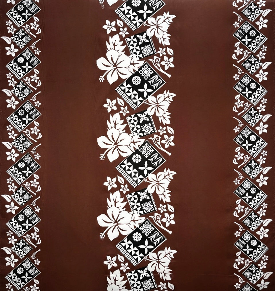 Hibiscus Tropical Leaves w/ Patches of Traditional Tapa Double Border Polyester Fabric | Islands Fabric