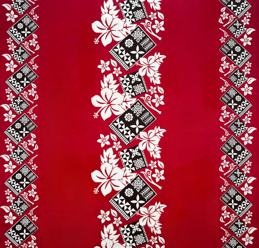Hibiscus Tropical Leaves w/ Patches of Traditional Tapa Double Border Polyester Fabric | Islands Fabric