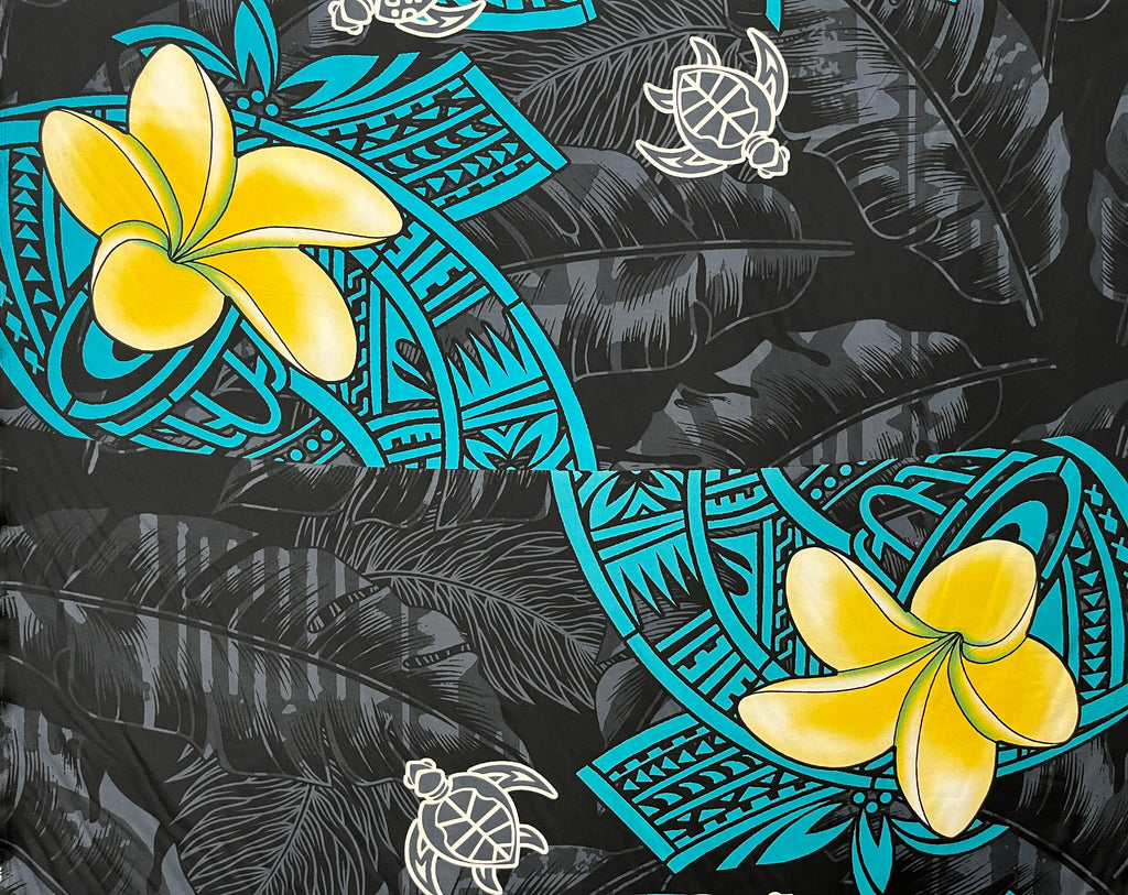 Plumeria Turtles Traditional Tribal design Peachskin Fabric | Islands Fabric