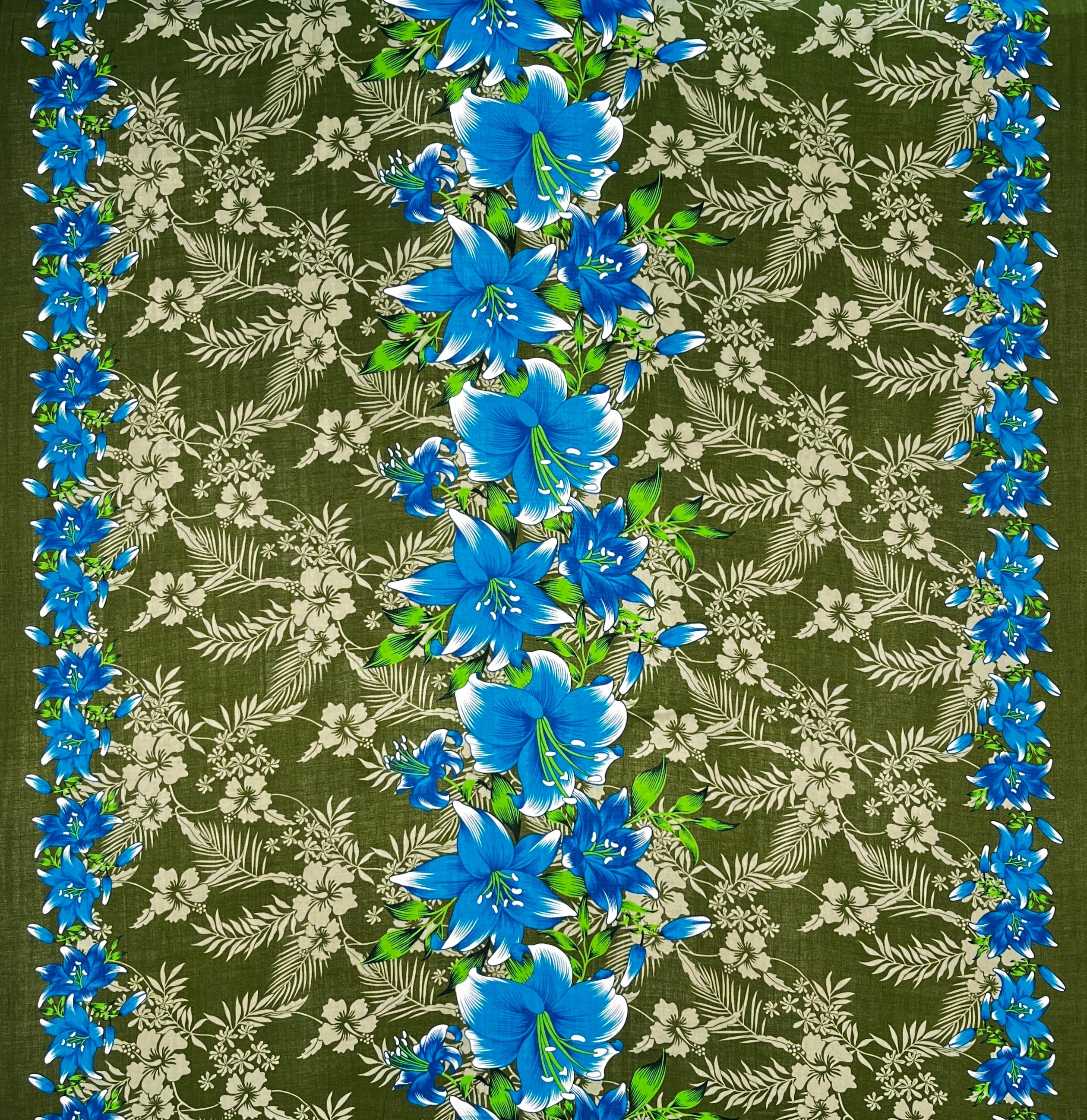 Triple Lily Border with tropical Flowers & Leaves Rayon Fabric | Islands Fabric