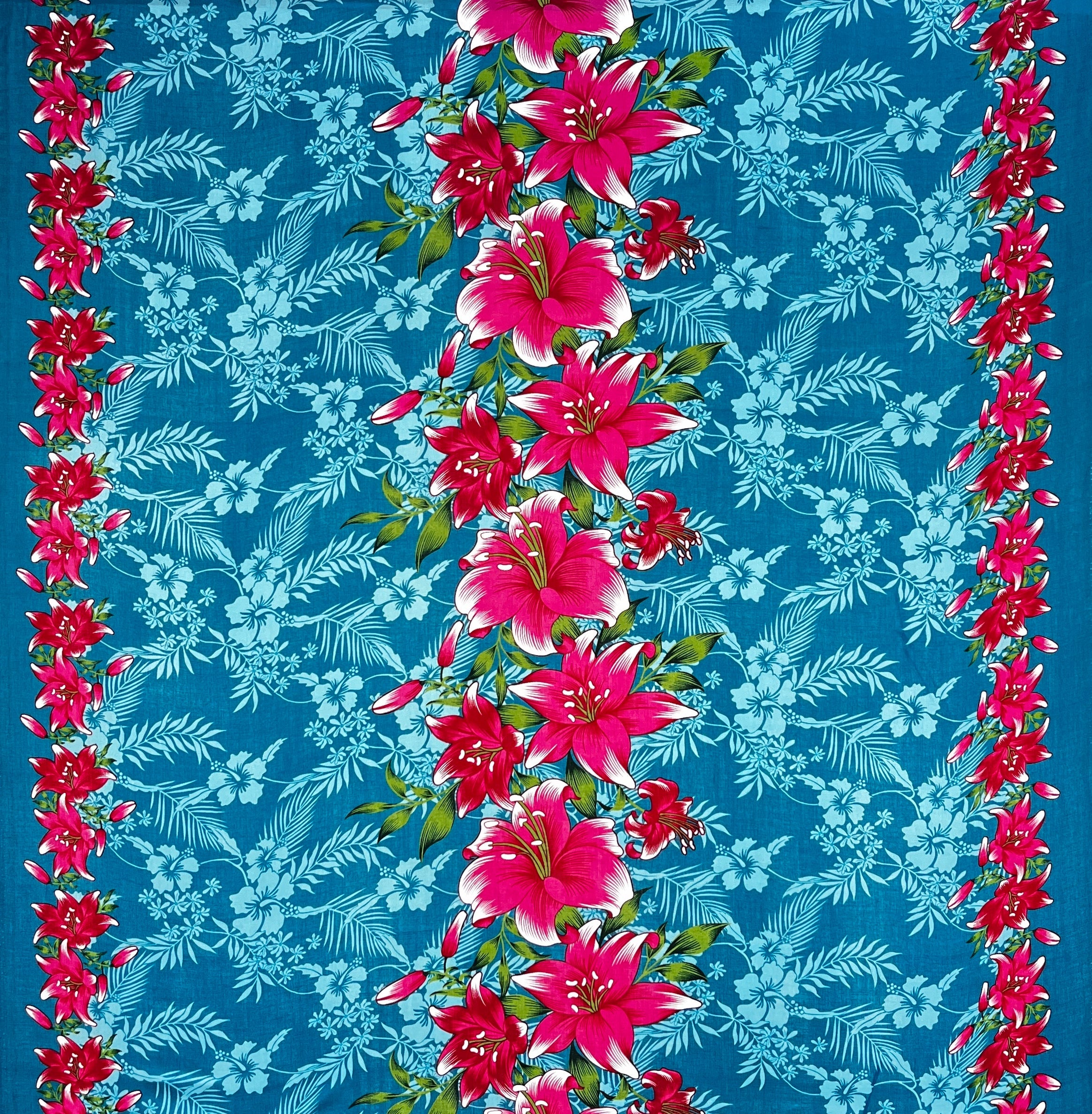 Triple Lily Border with tropical Flowers & Leaves Rayon Fabric | Islands Fabric