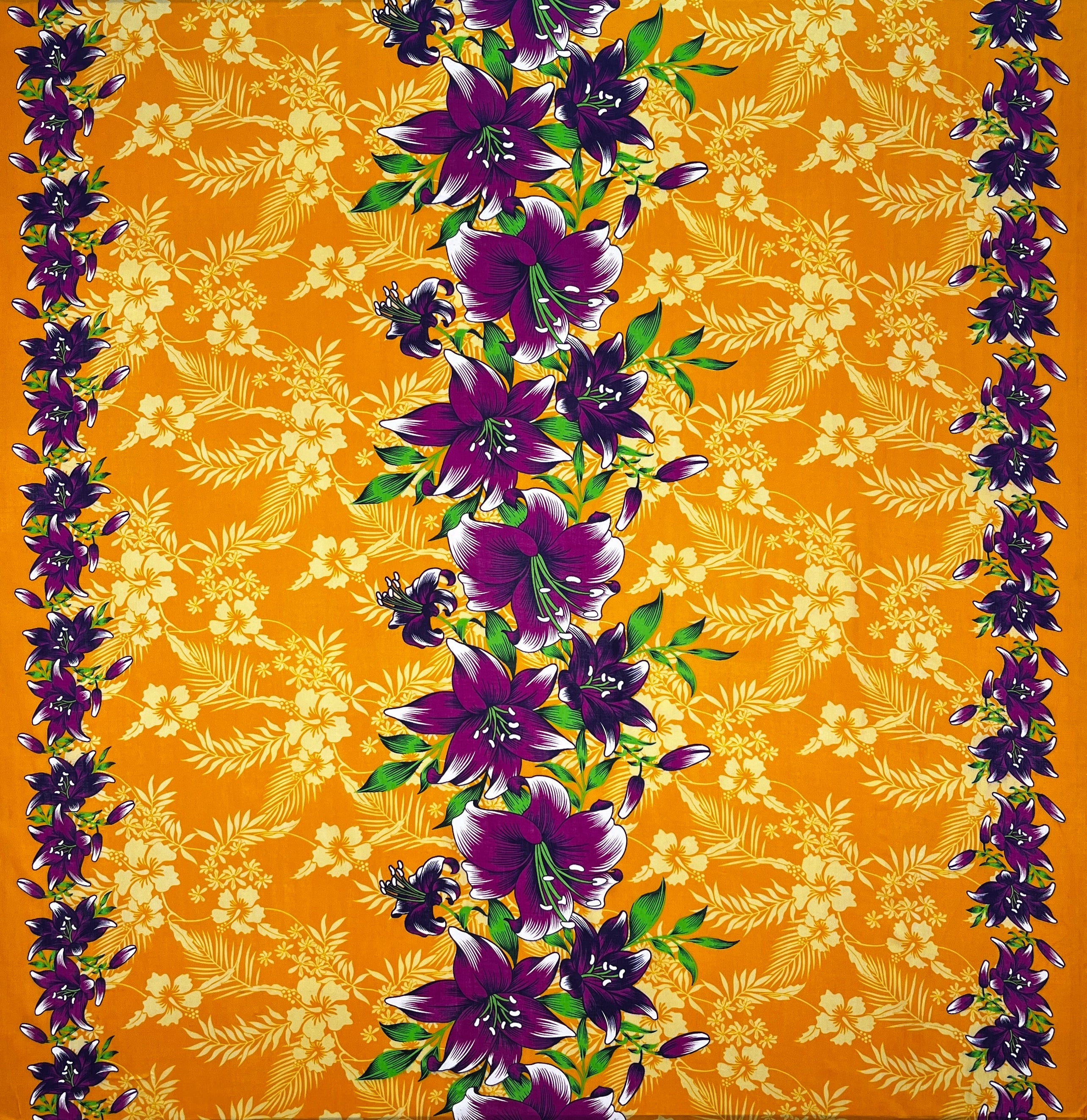 Triple Lily Border with tropical Flowers & Leaves Rayon Fabric | Islands Fabric
