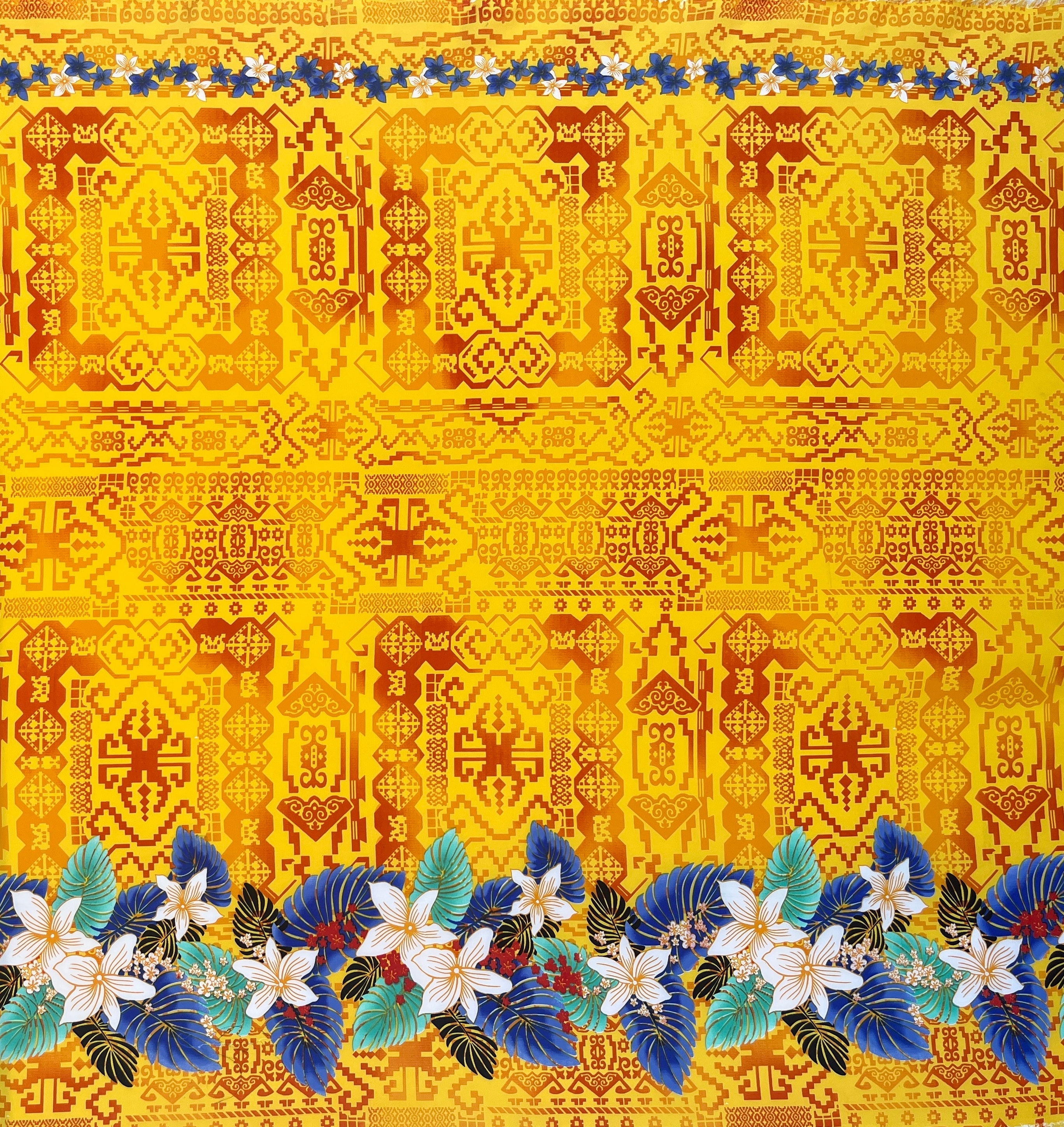 Tropical Flowers and Leaves Double Border Peachskin Fabric | Islands Fabric