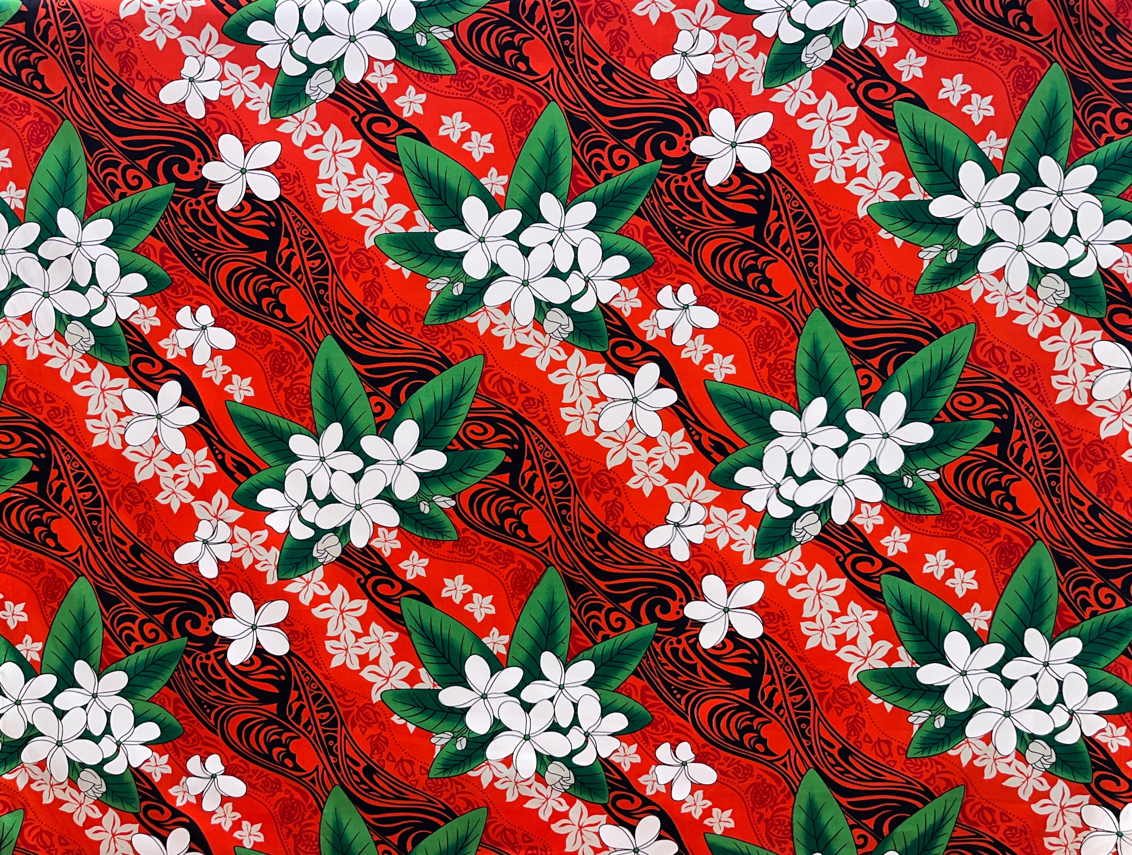 Tiare & Banana Leaf Tribal Design Cotton Fabric | Islands Fabric