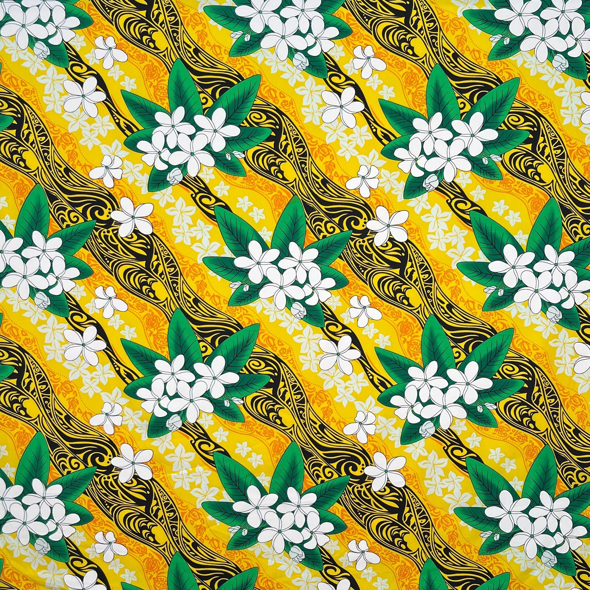 Tiare & Banana Leaf Tribal Design Cotton Fabric | Islands Fabric