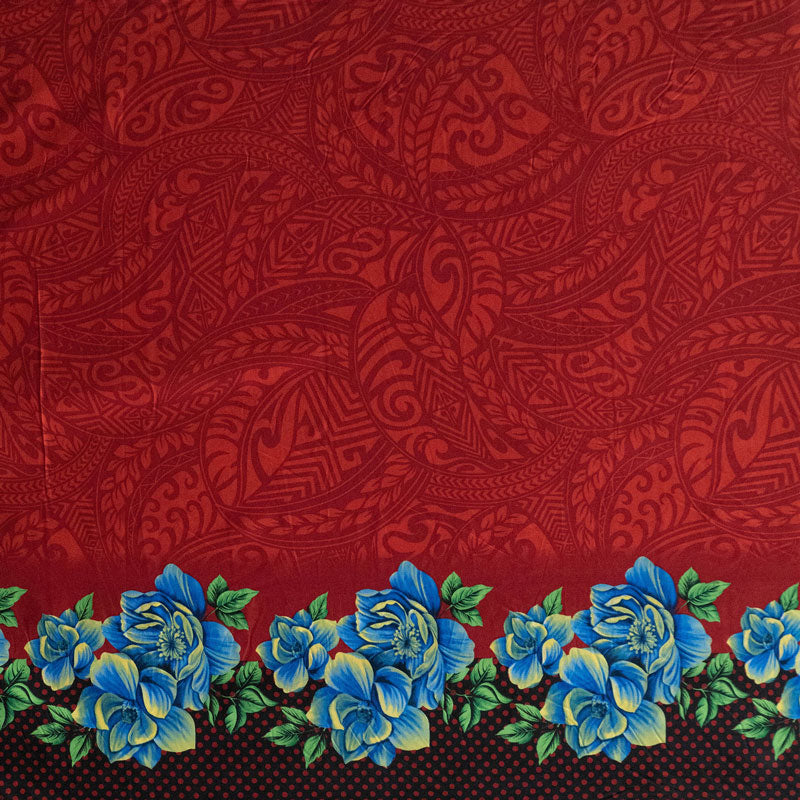Traditional Polynesian Tattoo Rose Polka Dot Border Peachskin Fabric | Islands Fabric