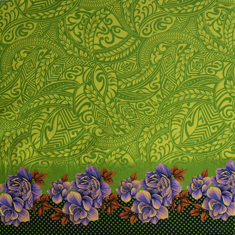 Traditional Polynesian Tattoo Rose Polka Dot Border Peachskin Fabric | Islands Fabric