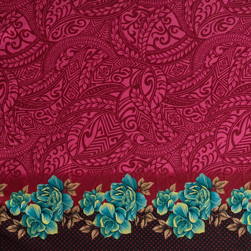 Traditional Polynesian Tattoo Rose Polka Dot Border Peachskin Fabric | Islands Fabric